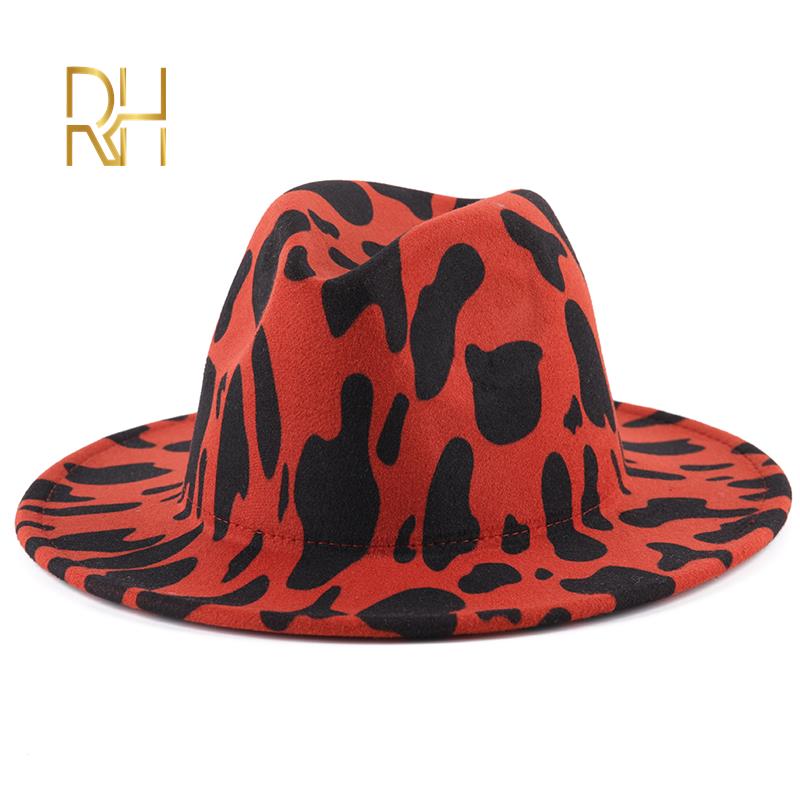 Men Women Wide Brim Wool Felt Cow Print Fedora Hats Vintage Panama Trilby Cap Jazz Hat RH: Red