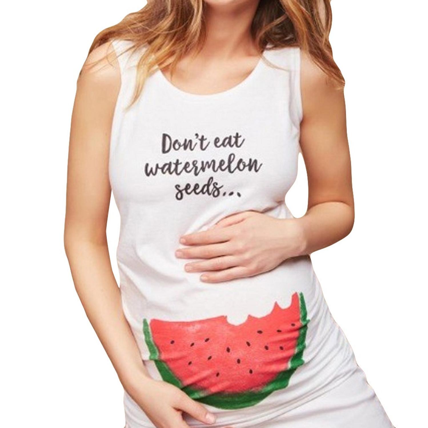 Mammakläder sommar gravida kvinnor väst o-ringad ärmlös rolig ät inte vattenmelon frön tryck t-shirt gravida kvinnor
