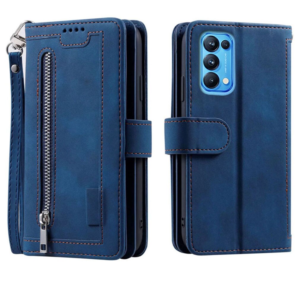 9 Cards Wallet Case for Oppo Find X3 Lite Case Card Slot Zipper Flip Folio with Wrist Strap Carnival for OPPO Reno 5 5G Cover: For Reno Find X3Lite / Blue