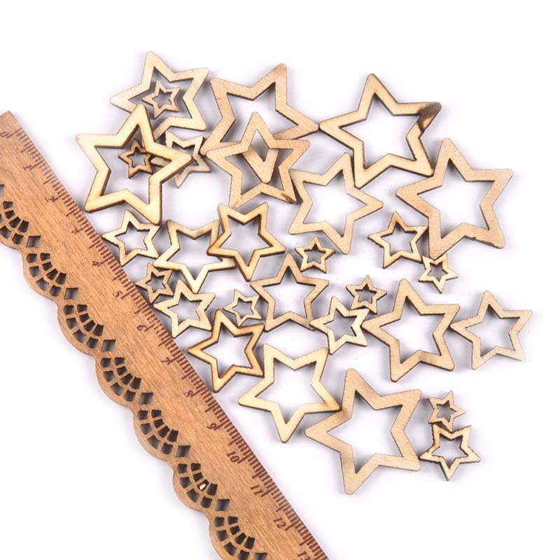 Gemengde 50 stuks uitgeholde sterren houten knutsels voor kunst scrapbooking versieringen bruiloft doe-het-zelf houten plakjes huisdecoratie  m1872