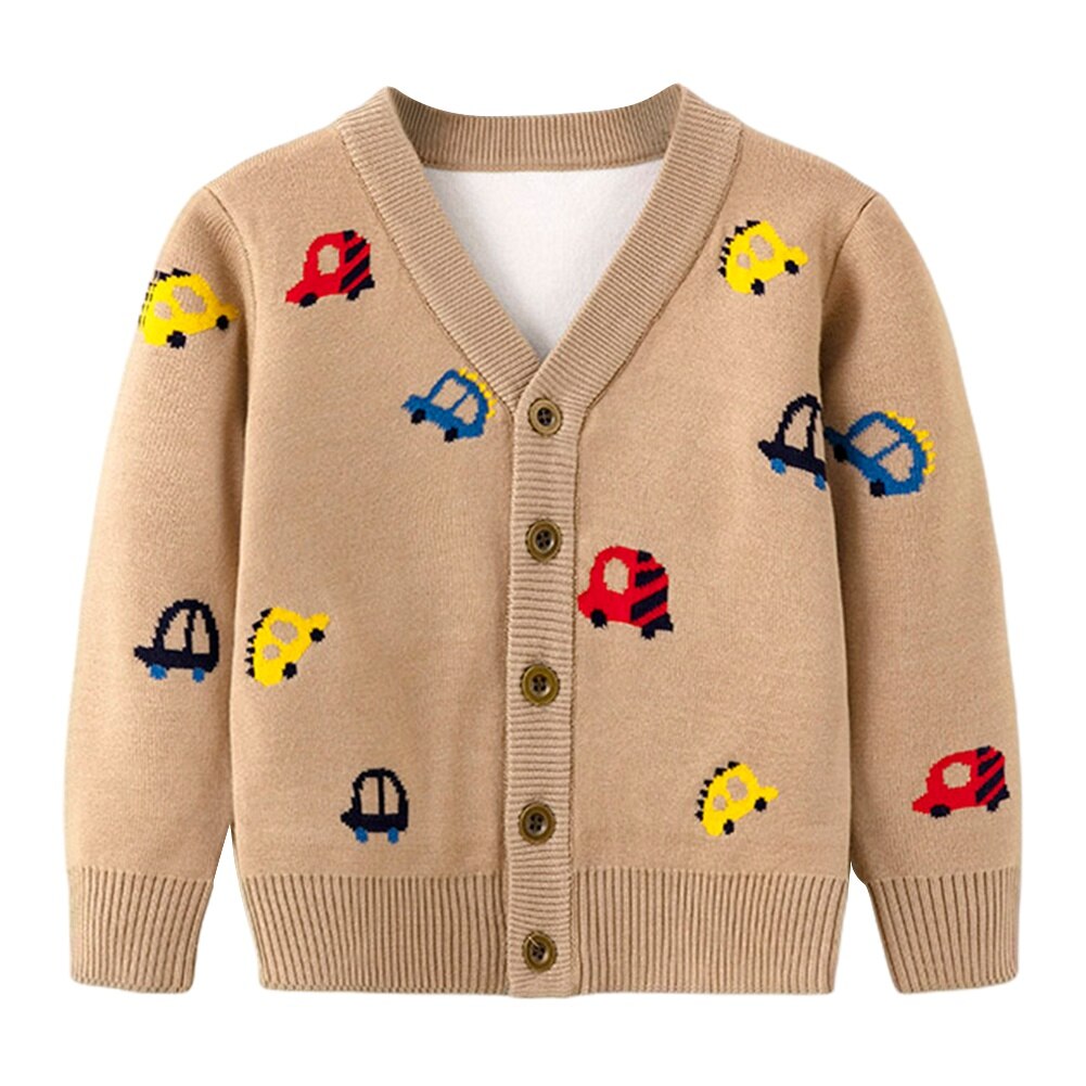 Cardigan per bambini primavera e autunno Cartoon Car Print maglione cardigan giacca cappotto ragazzi bambino abbigliamento per bambini: Cachi / 6-7T