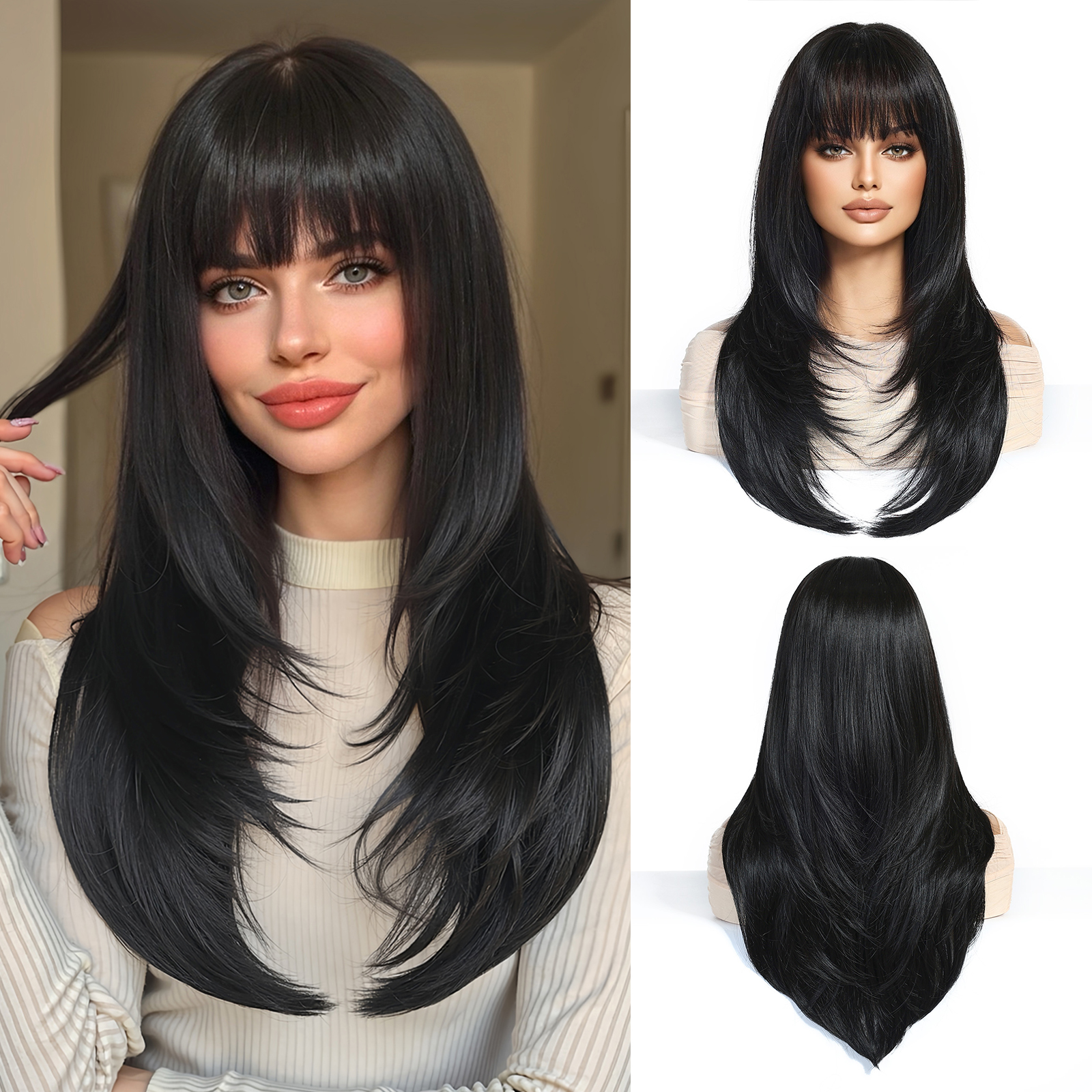 Easihair lång silverfärgad med blonda slingor syntetiska peruker för kvinnor rak med lugg naturlig peruk cosplay-hår värmebeständigt: Grå