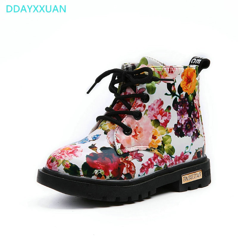 Kids Boots Leather Autumn Floral Flower Print Children Baby Martin Boots Cute Casual Girls Boots Shoes EU 21~30