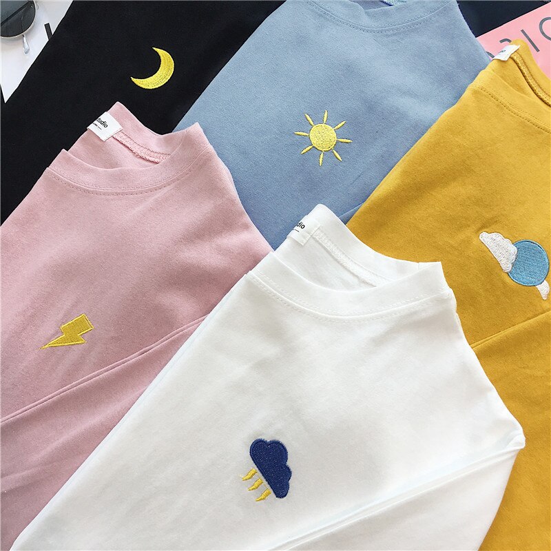 Kvinder tegneserie broderi t-shirts harajuku enkel t-shirt efterår lange ærmer afslappet løs t-shirt studerende sjove t-shirt toppe