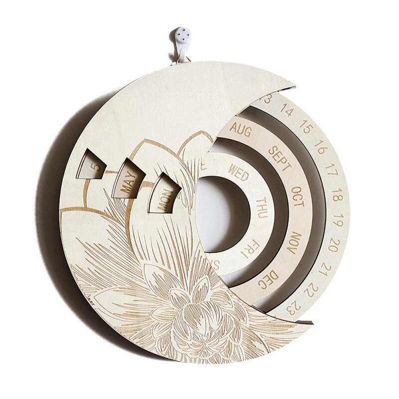 Round Wooden Moon Adjustable Perpetual Wall Calendar Rotatable Circular DIY Hand-Carved Calendar Retro Home Decoration: C