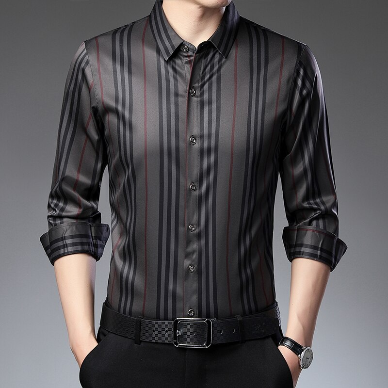 Luxury Silk Shirts Thin Long Sleeve Striped Dress Shirts Men Korean Casual Slim Fit Camisa Masculina C846