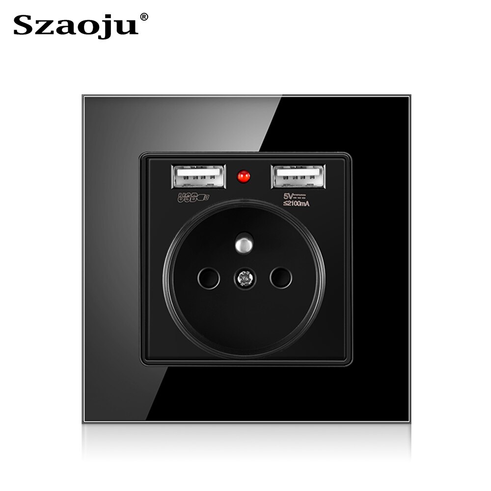 Szaoju Wall USB Power Socket, Many style Panel, Bedroom socket,AC 110V-250V 16A Wall Embedded, Double usb EU Standard Outlet: French black glass