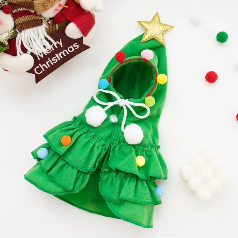 Christmas Pet Cosplay Cute Xmas Tree Role Play Bodysuit Dog Hooded Cloak Year Winter Season Warm Costume Unisex Home Party