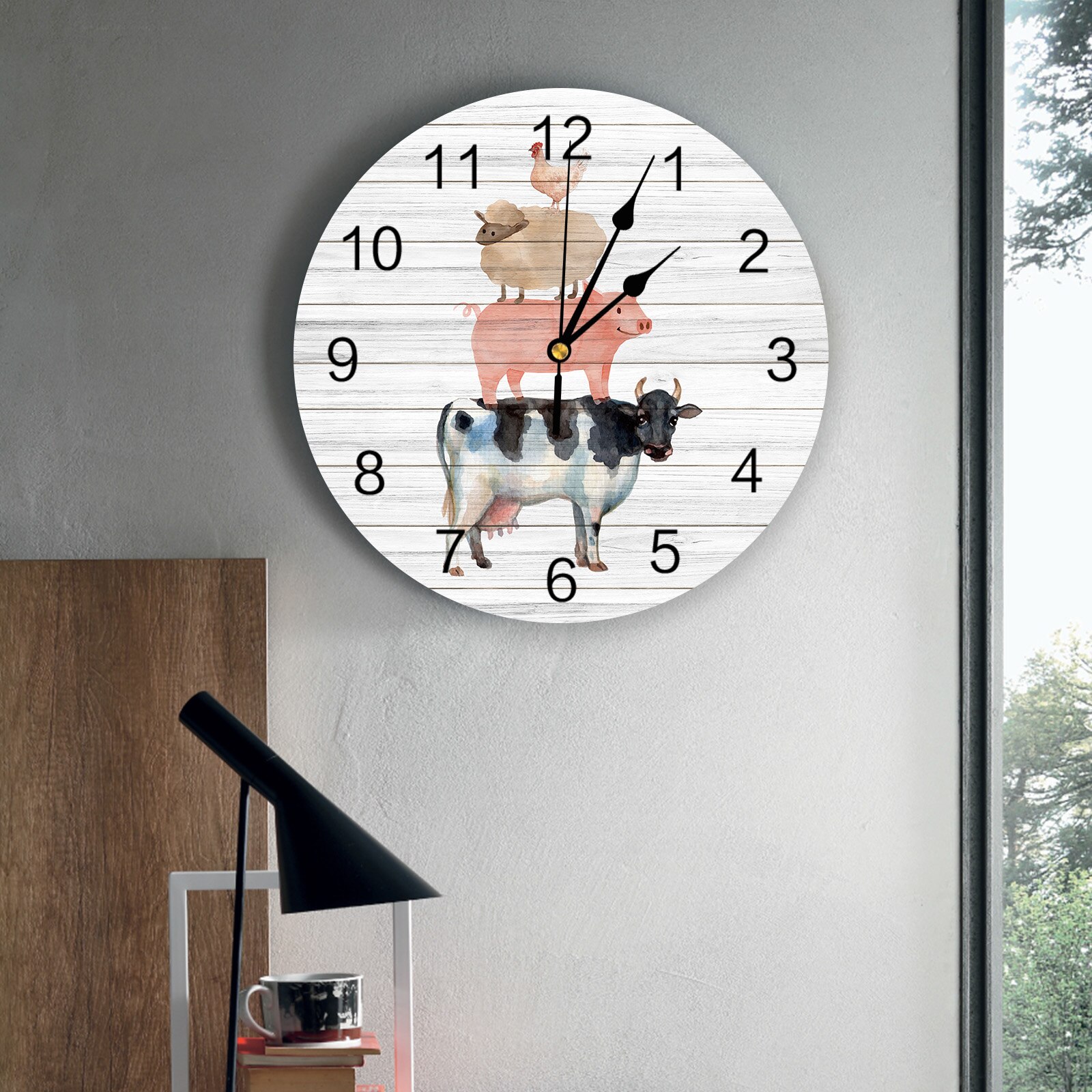 Boerderijdieren thema aquarel wandklok woondecoratie slaapkamer stille klok wandklok digitale klok moderne wandklok