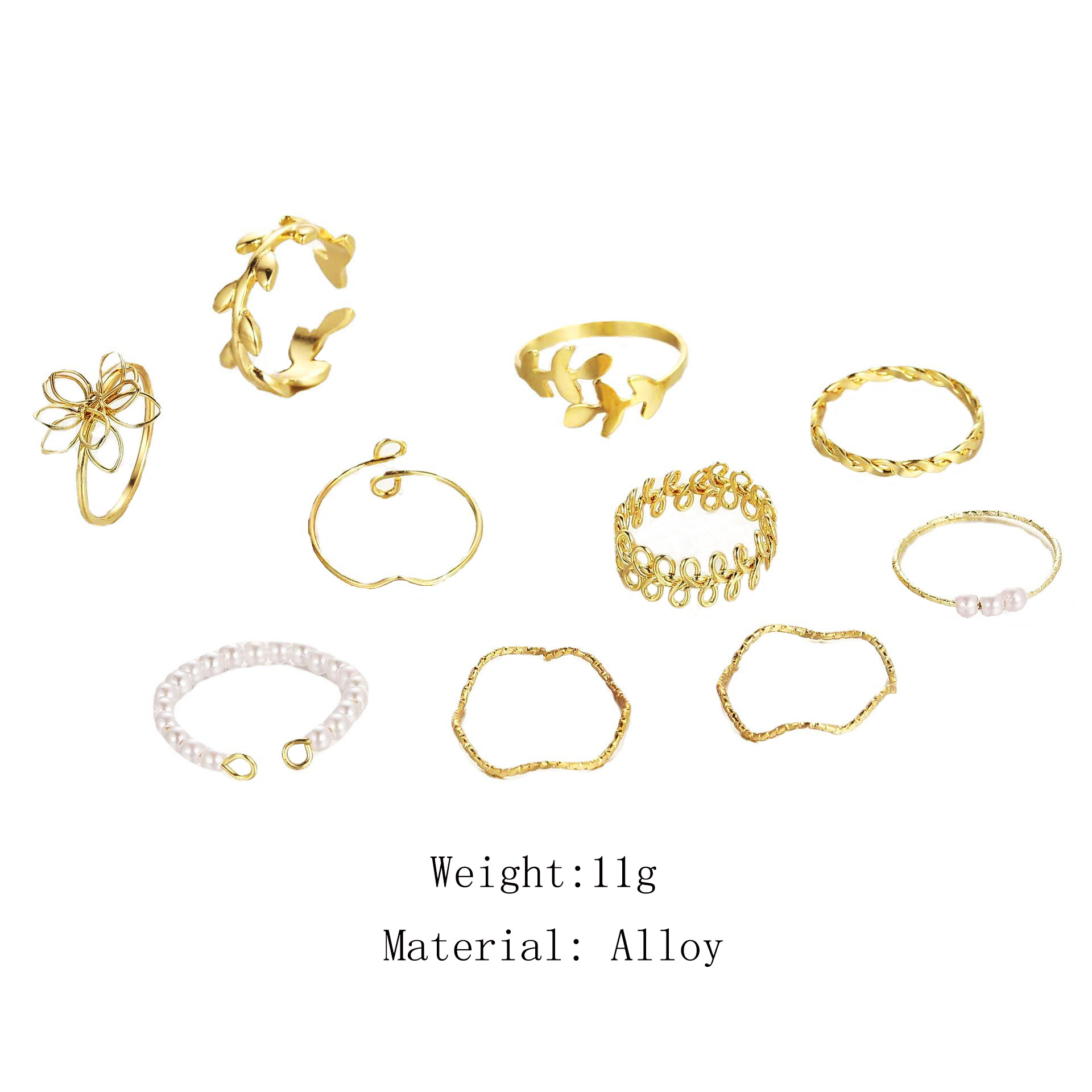 Ensemble de bagues en métal pour femmes, 10 pièces, Imitation perle, feuille, fleur, strass, papillon