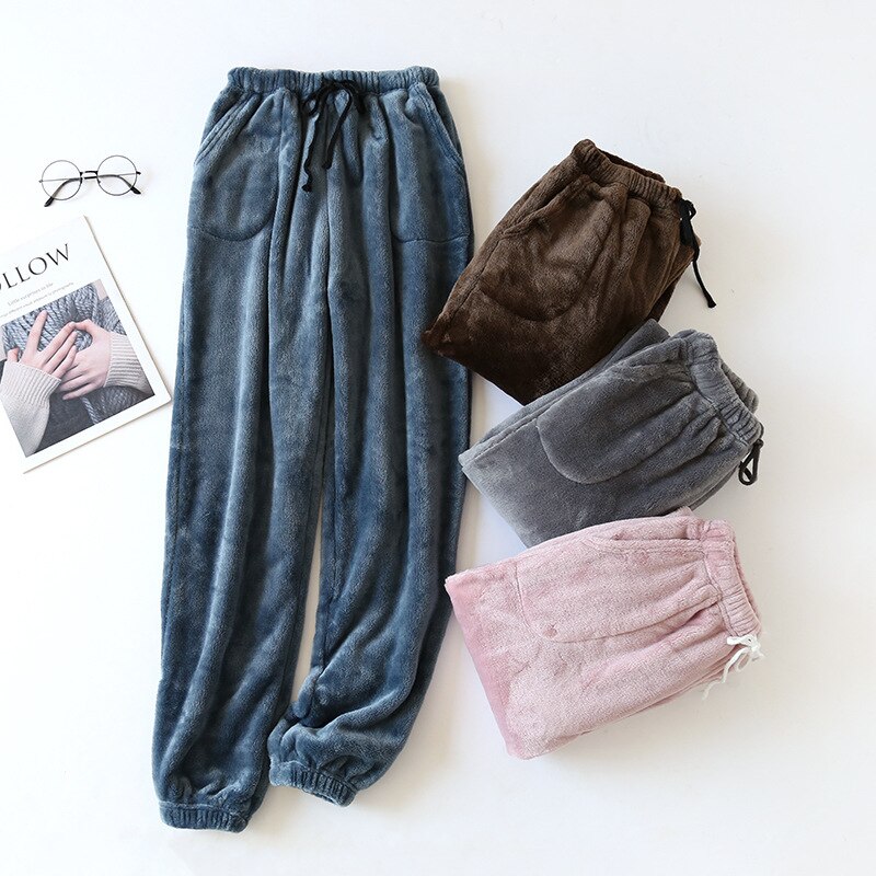 Winter Sleeping Trousers Flannel Fleece Warm Sleep Bottoms Solid Color Pants Casual Lounge Pants With Pockets
