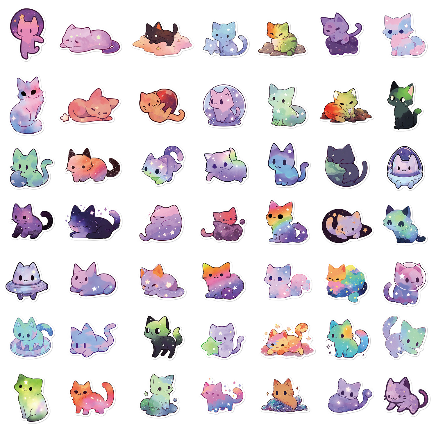 50Pcs Kawaii Cartoon Starry Sky Cats Stickers Colorful Cat DIY Stickers Scrapbooking Phone Luggage Skateboard Waterproof Decals