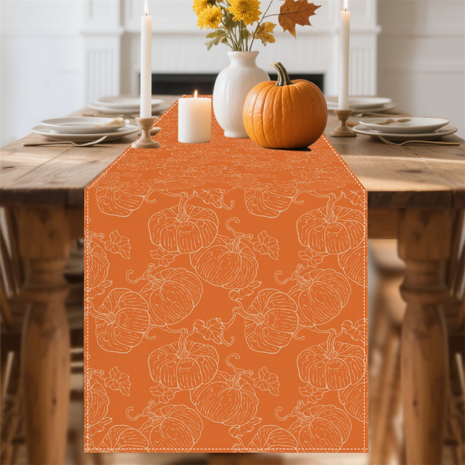 Bordlöpare med 1pc pumpablad, höstdekoration med orange mönster för skördefest i lantlig stil