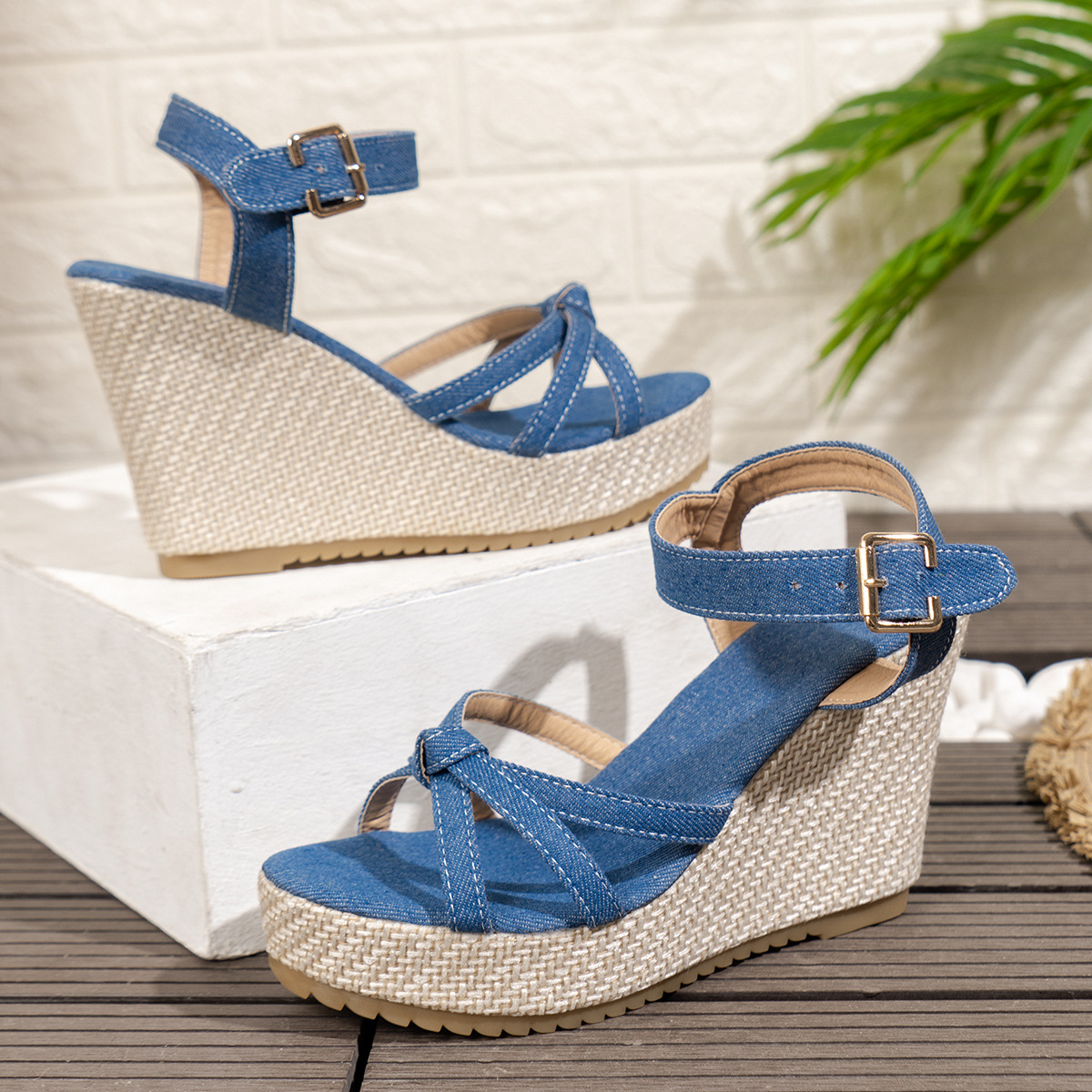 Sandalias de cuña de plataforma gruesa para mujer, Sandalias de playa vaqueras azules de verano 2024, Sandalias de tacón alto con correas en el tobillo de talla grande 42 para mujer
