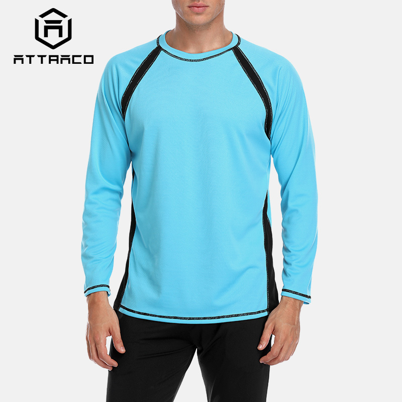 Attraco herr långärmade rashguard dry-fit skjortor herr dykning surfskjorta uv-skydd rash guards topp upf 50+  patchwork strandkläder: Sbl / L