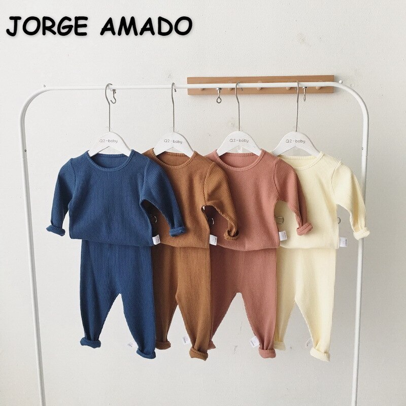 Autumn Winter Baby Pajamas Knitting Waffee Long Sleeve Cotton Girl Boy Overalls with Pants Baby Clothes