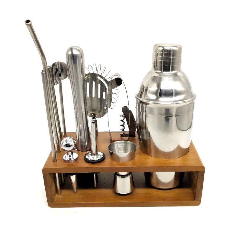 Top Seller Cocktail Set 13 Piece Stainless Steel Cocktail Shaker Set with Bamboo Stand Bartender Kit Home Bar Set: 550ML
