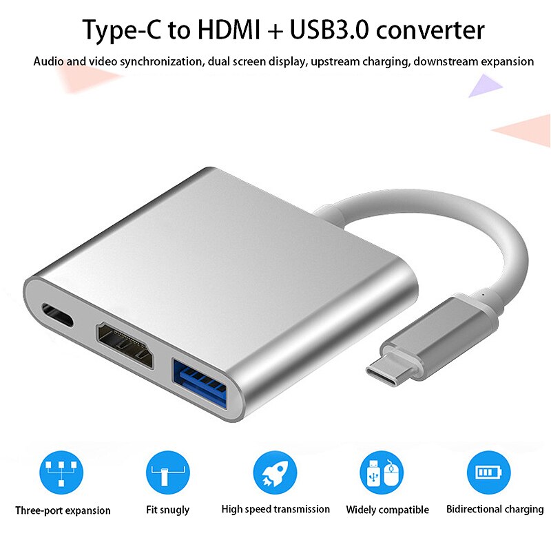 Typ C na HDMI typ C PD USB3.1 2K/4K adapter na kabel robić konwertera HD 1080P 3 w 1 stacja dokująca typu C Centrum