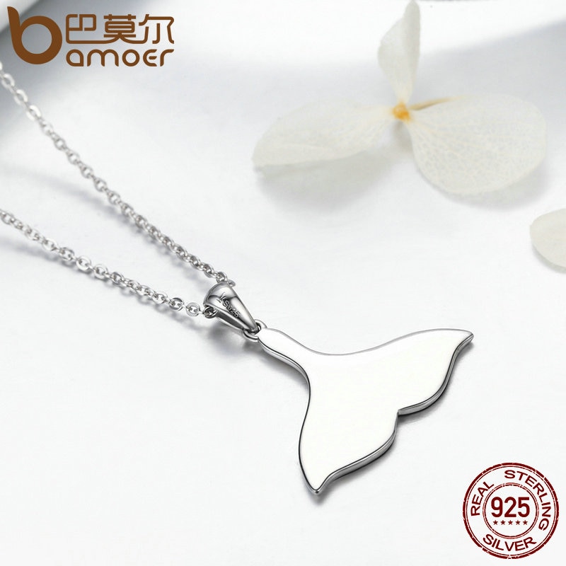 BAMOER 925 Sterling Silber Ozean Meer Blau Emaille Fisch Wal Schwanz Meerjungfrau Anhänger Halsketten Frauen Silber Schmuck Brincos SCN096
