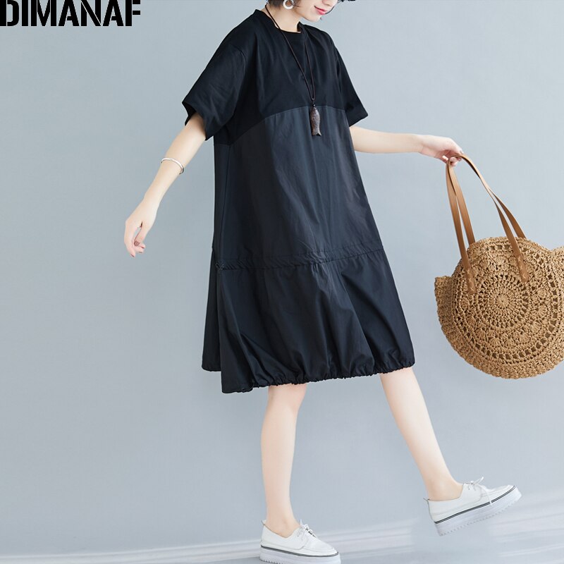 DIMANAF-vestido holgado y plisado de algodón para mujer en tallas grandes, informal, negro, liso