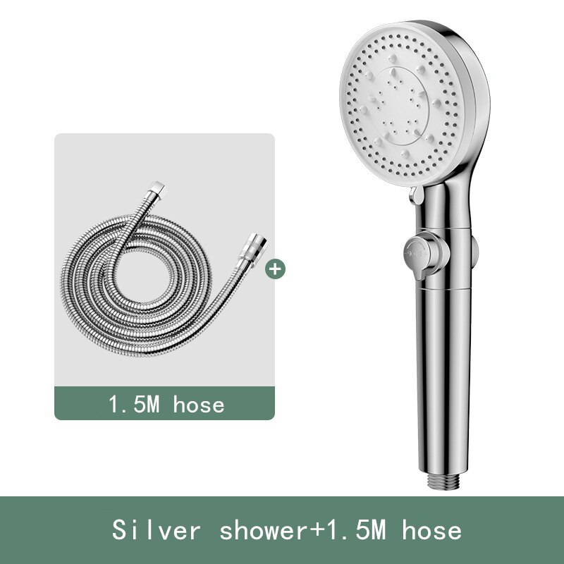 high pressure black shower head 5 functions with switch on/off button spray Water Saving Shower Adjustable Bath shower: Silver set 2