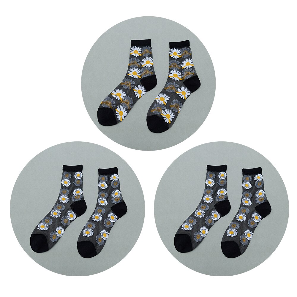 3 paia di calze floreali da donna calze estive in cristallo di cristallo calze elastiche Jacquard trasparenti sottili a tubo corto medio: Blu Navy