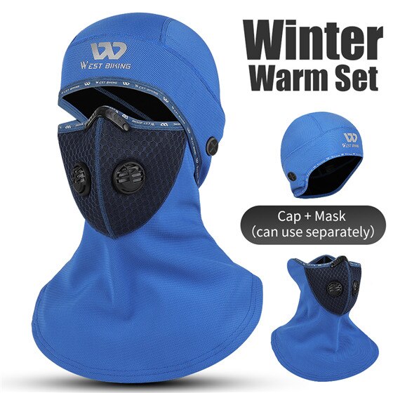WEST BIKING Winter Ski Mask Cycling Skiing Running Sport Training Face Mask Balaclava Windproof Soft Keep Warm Full Face Mask: DBlue with filter