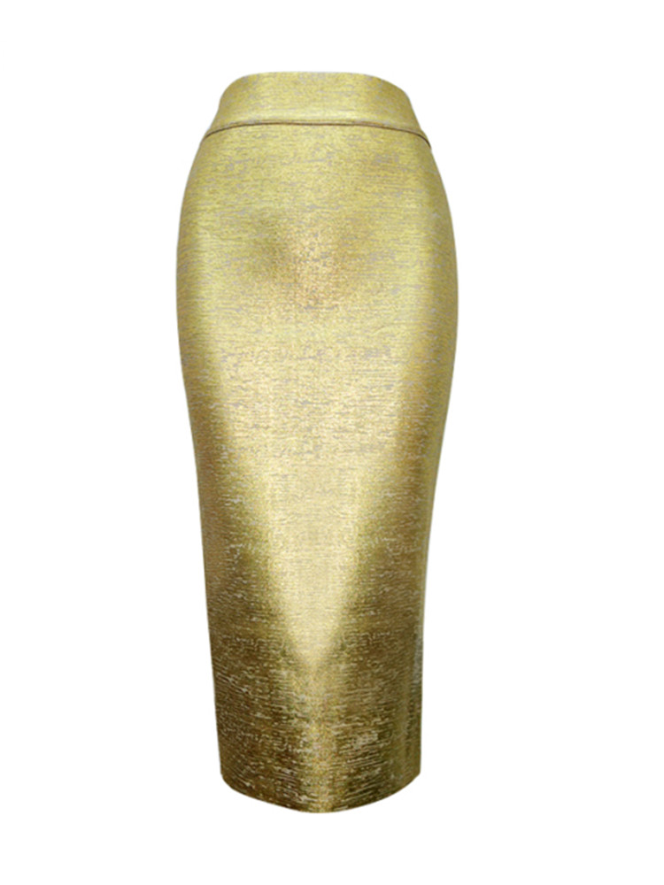 Sexede guld-sølv bandage-nederdele til kvinder, high street-kjoler med kendisser, strikkede bodycon-midi-blyantnederdele 78cm: S / Guld