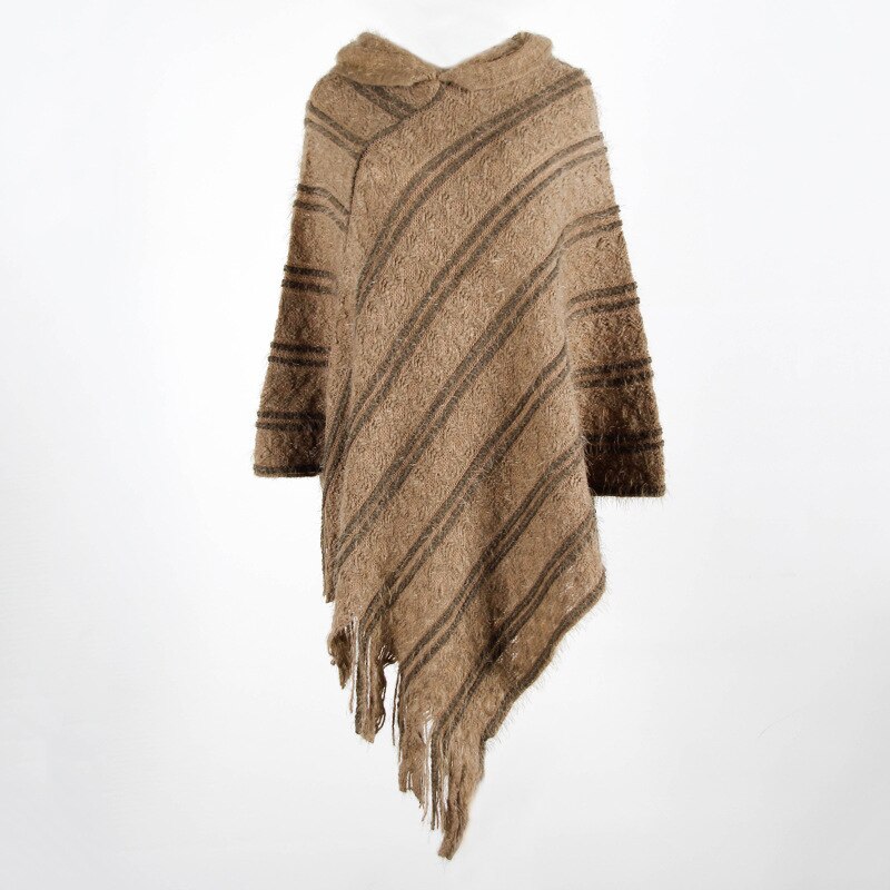 Otoño , manto con capucha para mujer, manto con flecos a rayas, suéter para mujer, Ponchos y capas casuales, ropa de invierno, prendas de vestir para mujer: Khaki