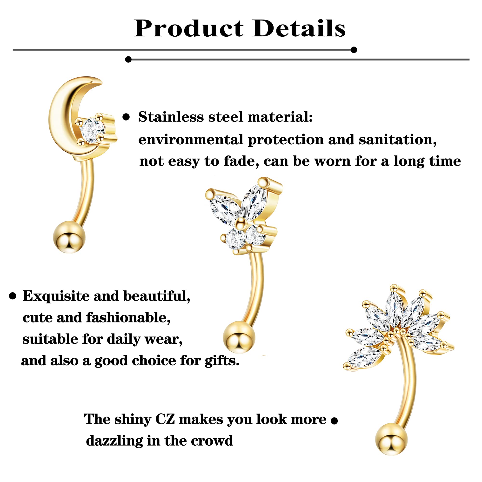 Drperfect 1pc 16G Eyebrow Rings Stainless Steel Belly Lip Cartilage Hoop Rook Daith Earrings Tragus CZ Piercing Curved Barbell
