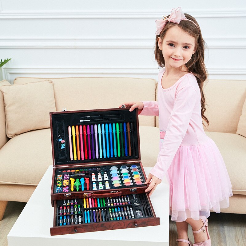 123pc Wooden Box Paintbrush Children Drawing Art Set Crayon Students Drawing Watercolor Pen Set