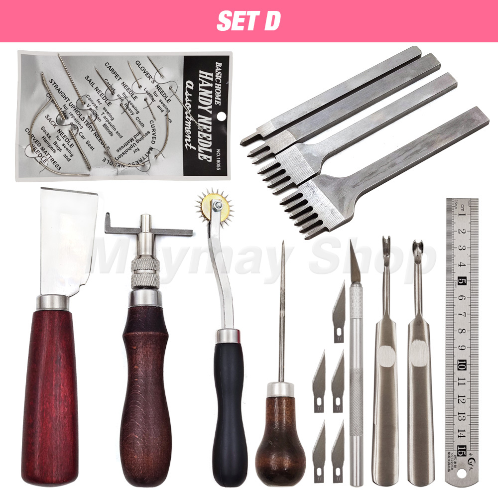 Pine Wood Leathercraft Hand Stitching Clamp Leathercraft Tool Set Kits Leather Punching Carving Saddle Groover Tools Storage DIY: SET D