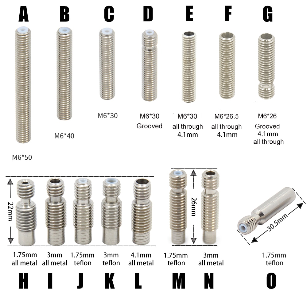 throat 3d printer extuder throat v6 throat with teflon tube 22mm 26mm 26.5mm 30mm 30.5mm 40mm for 1.75mm 3mm 3d printer parts