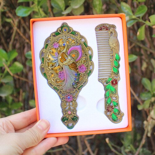 Travel retro makeup handle mirror comb set simple portable dormitory decor student mirror Peacock mirror LB41613: 7