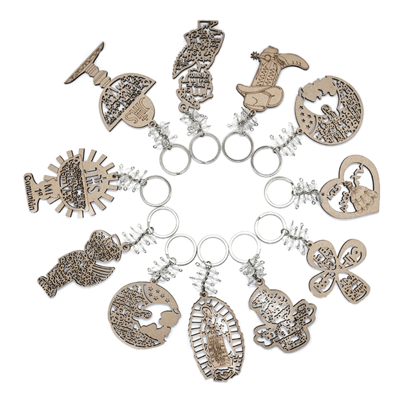 QX2E Key Ring Round Hang Hoop Angel Boys Girls Love Holy Grail Cross Wooden Pendants Keychain DIY Wedding Decorations