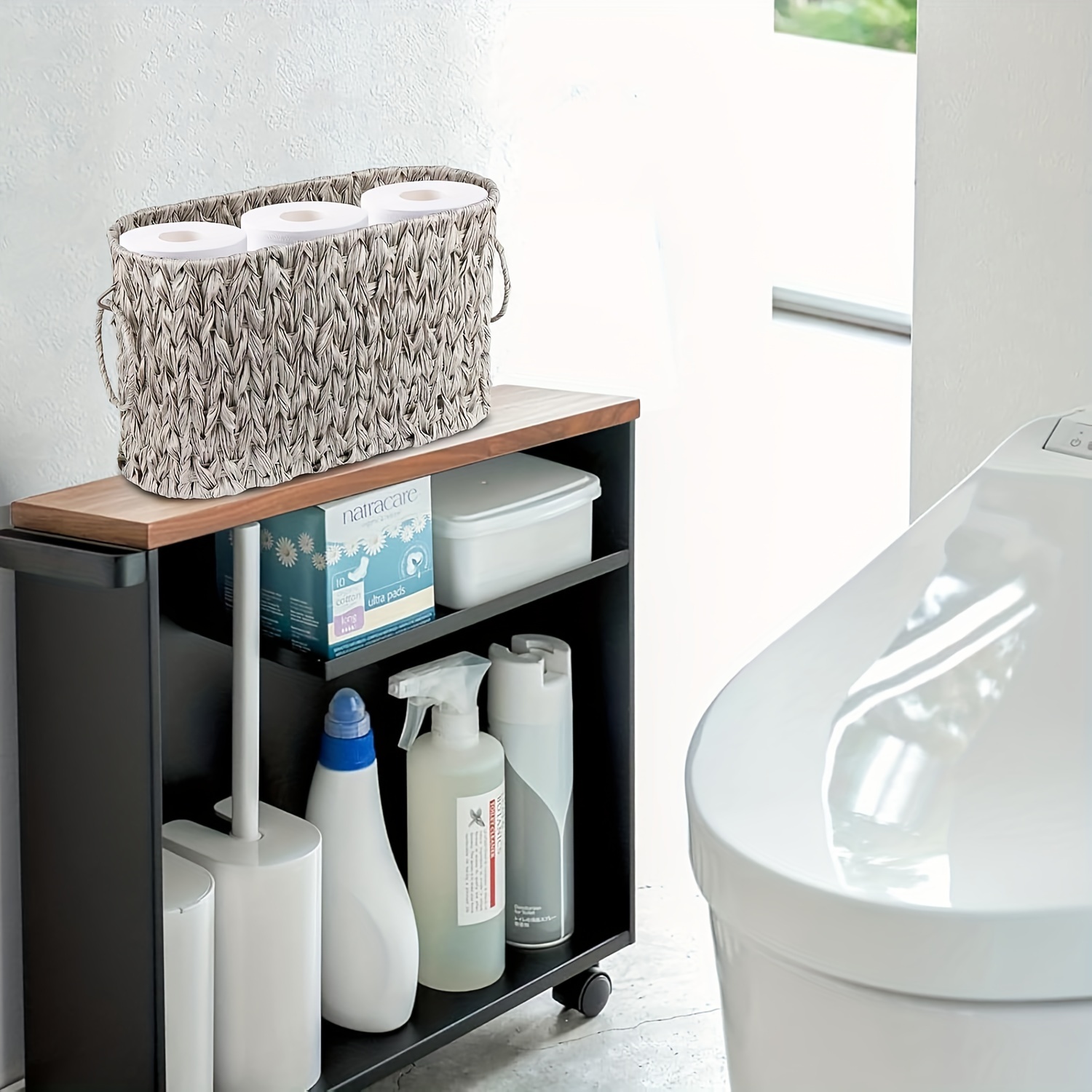 Opbevaringskurv til toiletpapir, toiletpapirholder med opbevaring, fletkurv