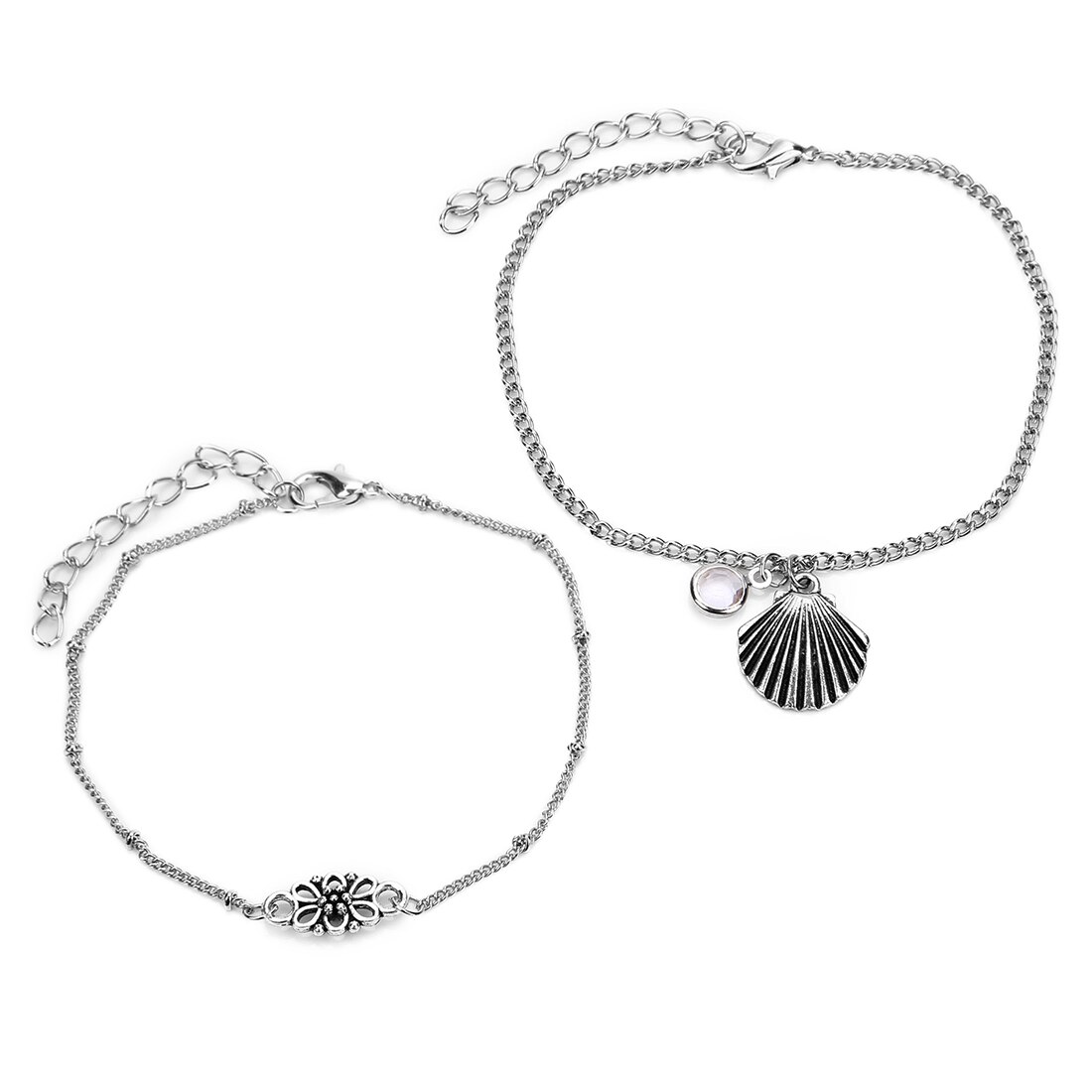 2 stücke Böhmen Silber Farbe Fußkettchen Armbinde Charme Welle Hülse Barfuß Kette Knöchel Armbinde für Frauen Sandle Strand Boho Schmuck: T0183MI00