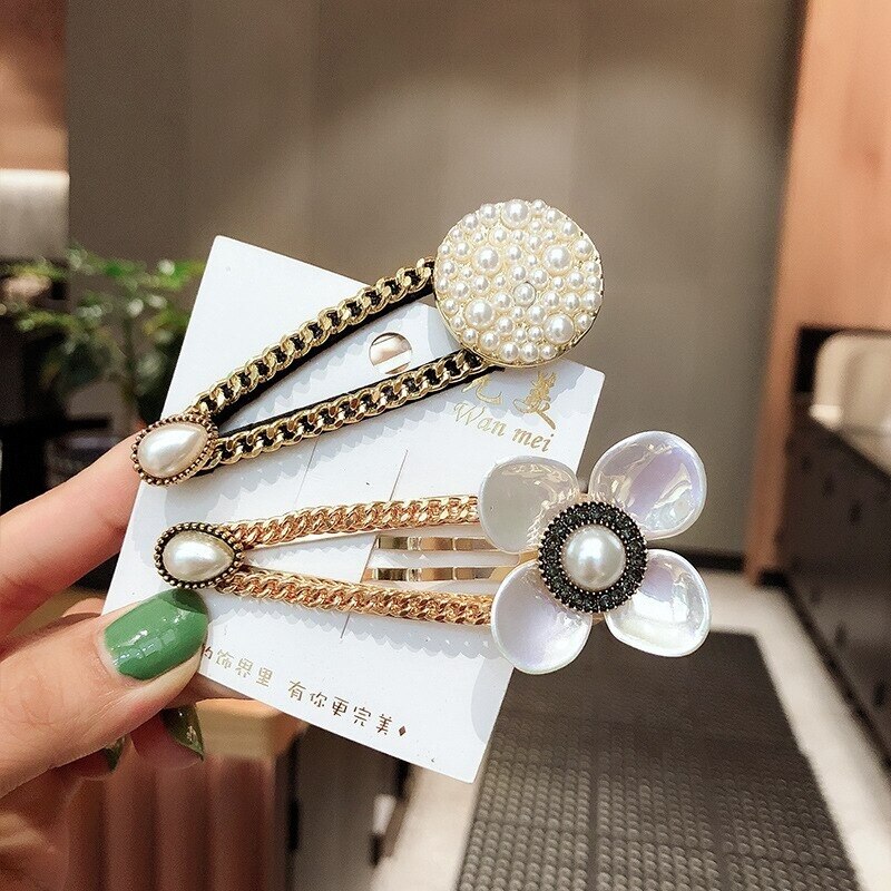 Épingles à cheveux élégantes pour femmes, Style Baroque, , Imitation perle, géométrie fleur, chaîne BB