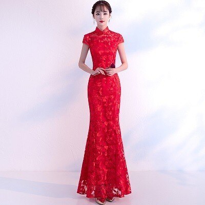 Abendkleid China Cheongsam Spitze Chinesische Kleider Traditionellen Lange Kleider Für Hochzeit Party Blau retro Frauen: rot / XS