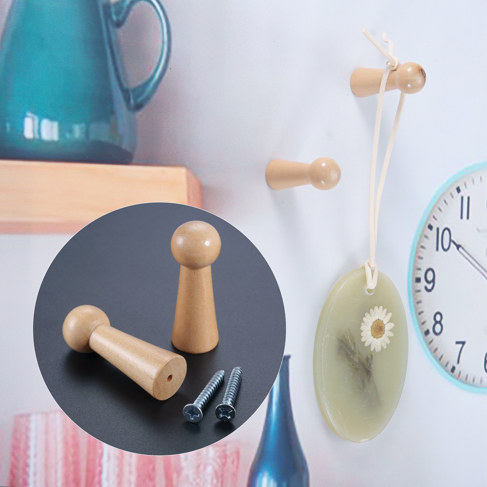 2 Stuks Houten Peg Hangers 50Mm Eenvoudige Pop Vormige Decoratieve Opknoping Jas Handtas Handdoek Muur Gemonteerde Haken Rack M3 Gat En Schroeven: YELLOW