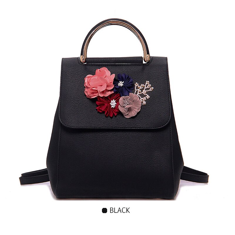 Mulheres de Couro PU Mochila Feminina Tendência Estilo Três-dimensional Flor Bolsa de Ombro das Mulheres Mochila (Preto)