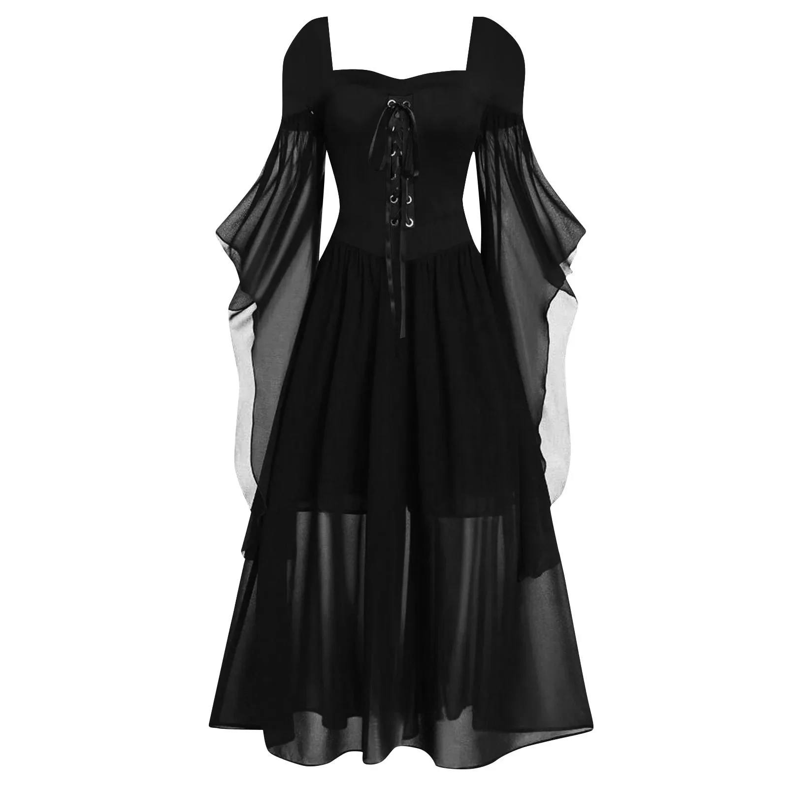 2024 Medieval Witch Dress For Women Halloween Carnival Women Plus Size Cold Shoulder Butterfly Sleeve Halloween Gothic Dress: M / Beige