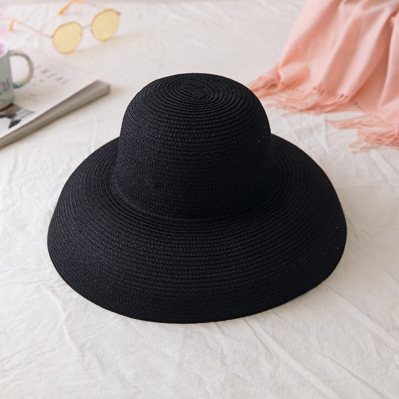 Hepburn Style Summer Japanese Straw Hat Sunken Bell-shaped Big Eaves Beach Hat Vintage Fold Fisherman Cap Atmosphere: Back