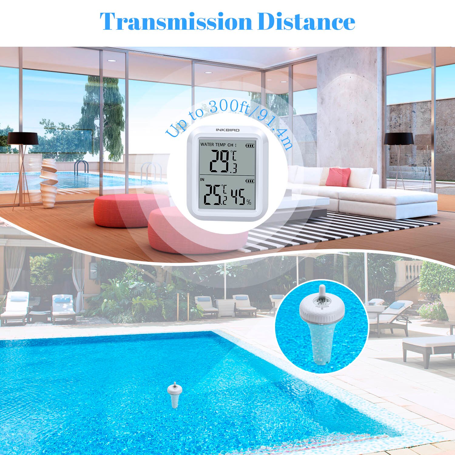 Inkbird IBS-P01 Digitale Zwembadthermometer, Hoge Precisie Enkele Zwembad Thermometer (IBS-P01R Zender