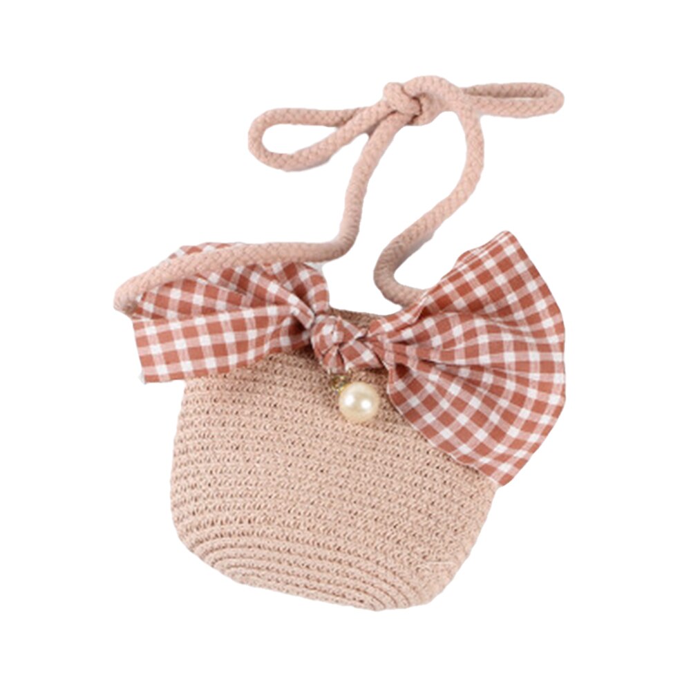 Ragazze dei capretti di Paglia Dovrebbe Sacchetto di Crossbody Borsa con bel Fiocco Fatto A Mano Puro di Tessitura di Spalla Sacchetto Della Spiaggia di proprietà Della Perla Della Chiusura Lampo Della Borsa: Colore rosa