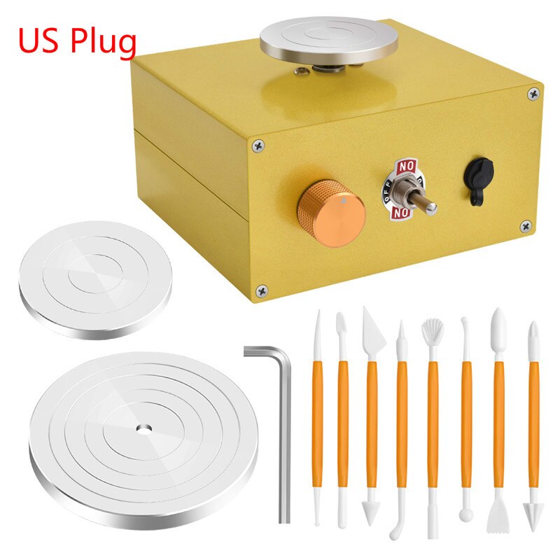 Mini rueda eléctrica de alfarería, máquina de alfarería con rueda giratoria de cerámica, herramientas para arcilla DIY, enchufe US y EU: US Plug 110V-Yellow