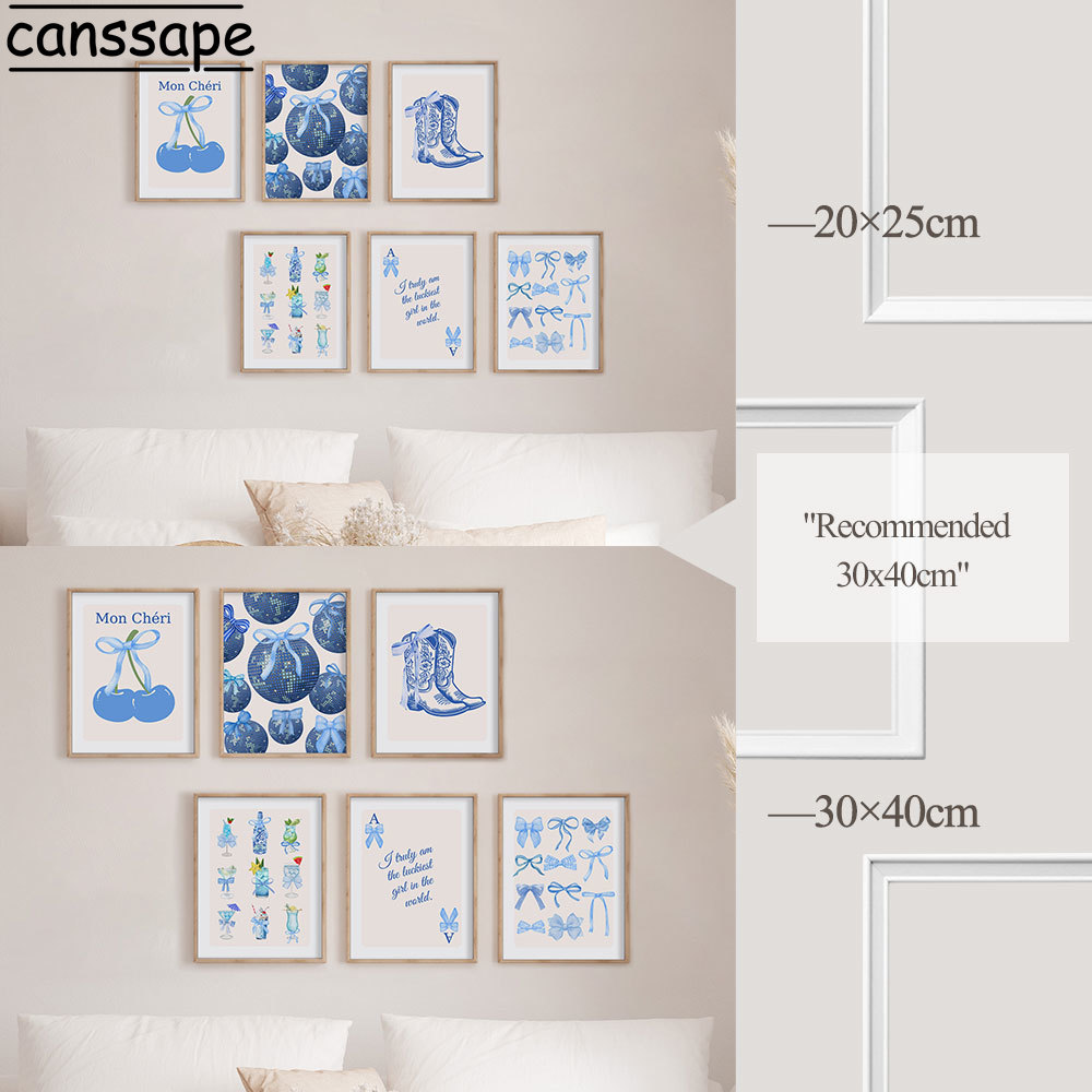 Blauwe cowboylaarzen muurkunst strik poster discobal canvas schilderijen print preppy meisje woonkamer esthetische decoratie