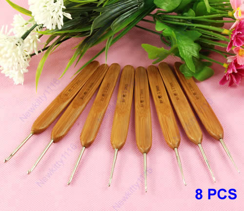 8Sizes/set Bamboo Handled Metal Crochet Hooks 8 Pcs Needles Weave Craft