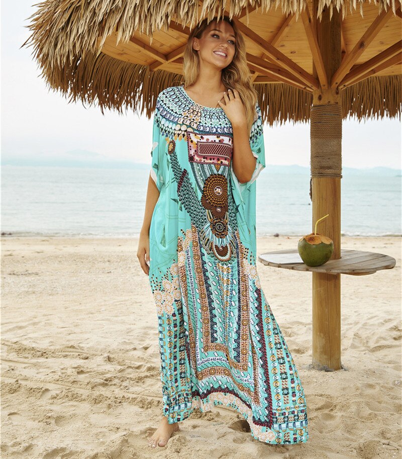 Bohemian bedrukte kaftan katoenen tuniek strandbedekking saida de praia dames strandkleding bikini bedekking robe de plage sarong