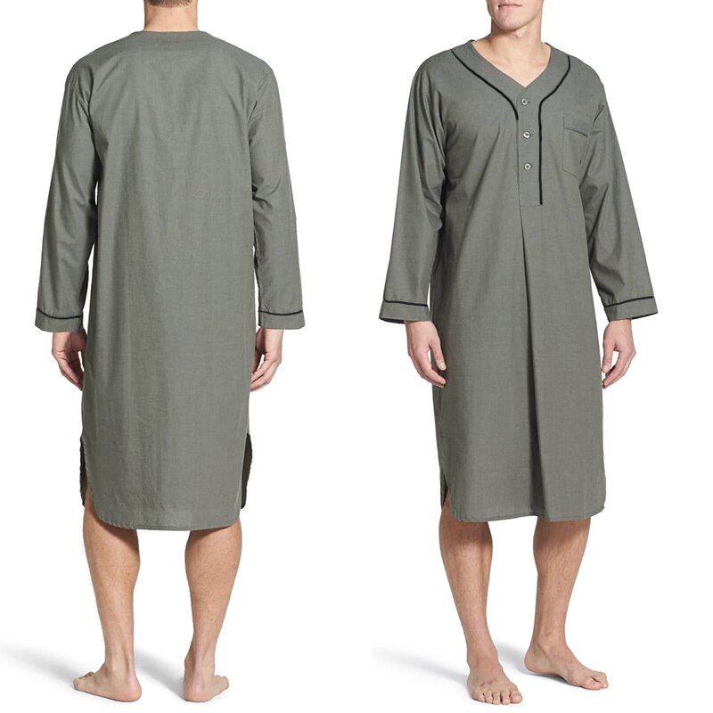 Pijamas de manga larga con cuello en V para hombre, ropa de casa suelta, Color sólido, Premium, camisón